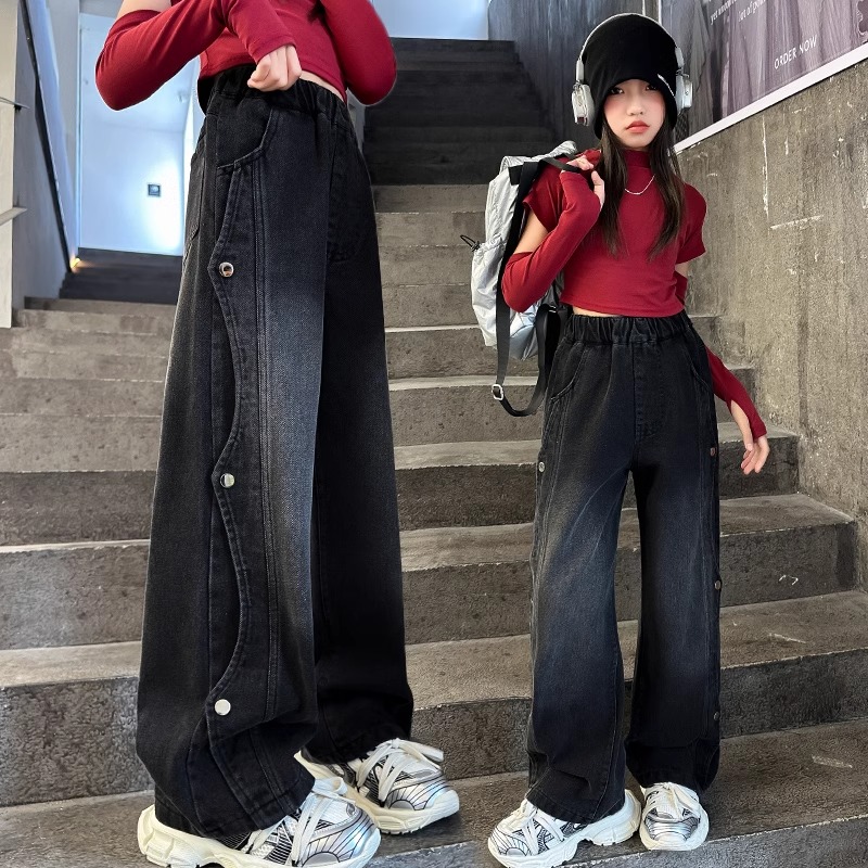 女童黑色牛仔裤春秋2025新款儿童春秋阔腿裤女孩大童洋气裤子春季