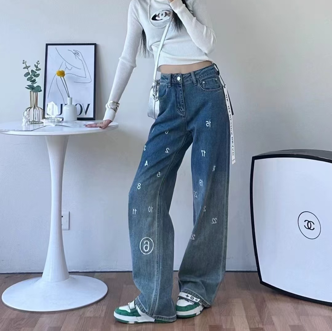 新款欧货刺绣重工高腰包臀渐变阔腿牛仔裤