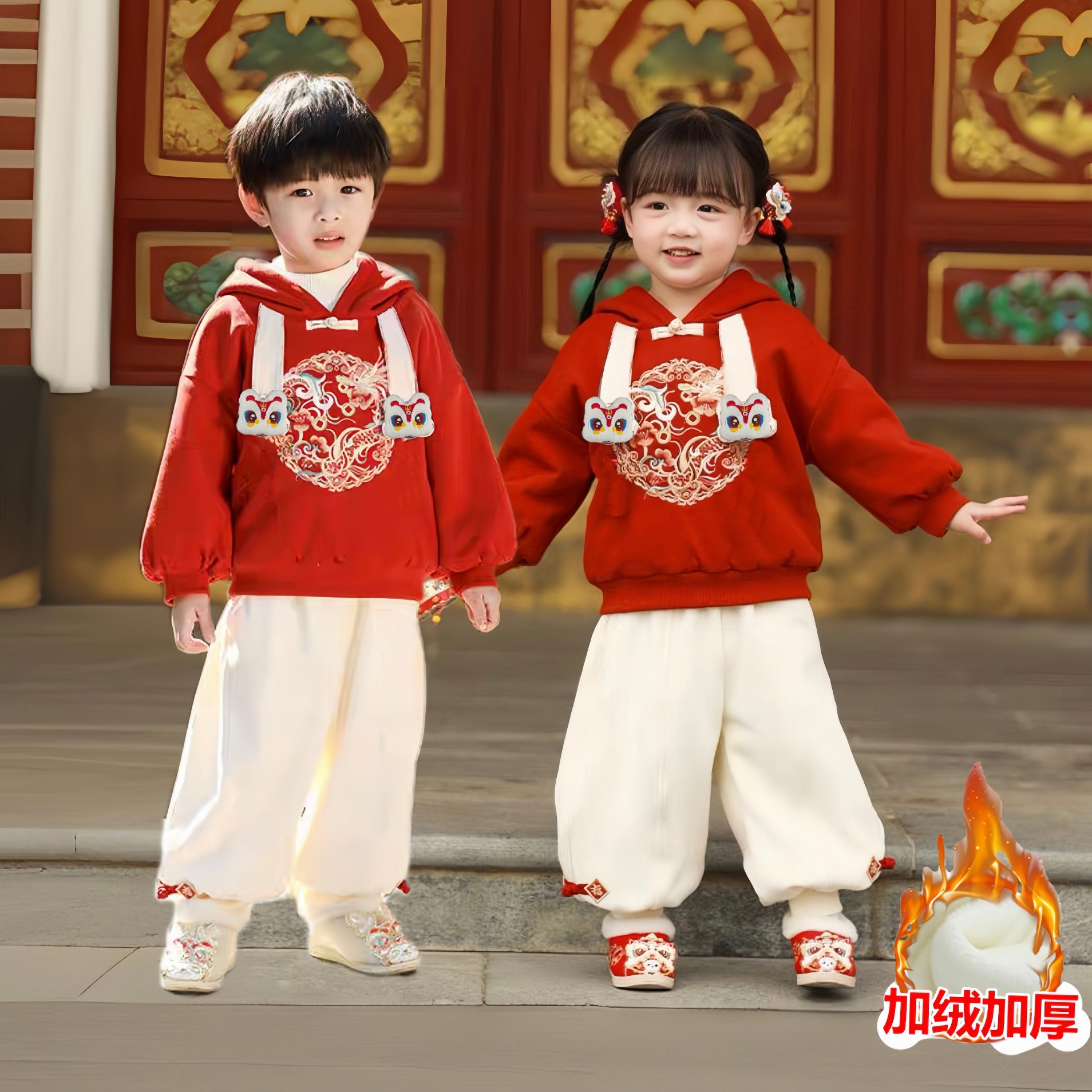 儿童卫衣套装秋冬加绒两件套女童中国风刺绣唐装男童喜庆日常衣服