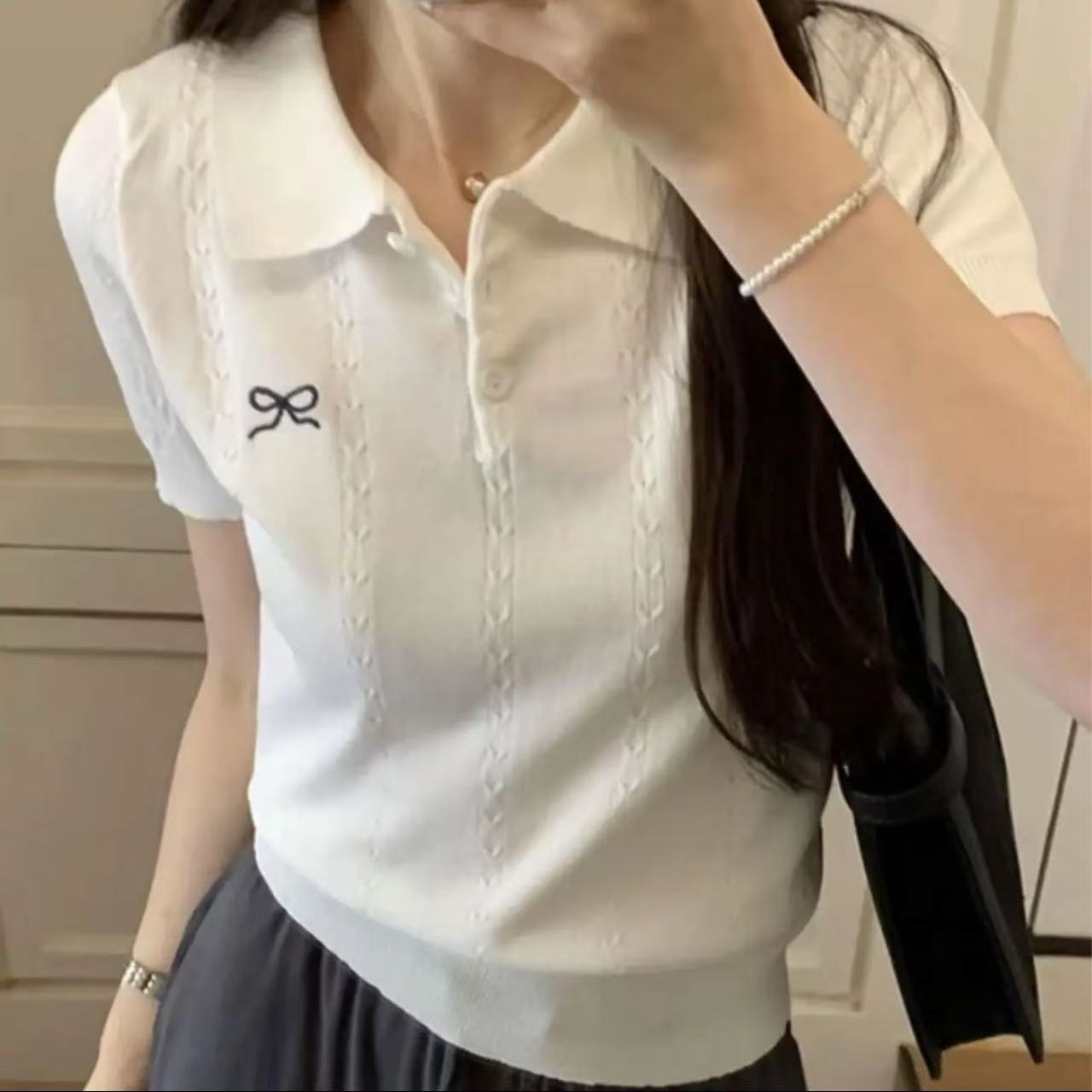 2025夏季新款正肩POLO领蝴蝶结针织衫短袖女翻领冰丝上衣G615#