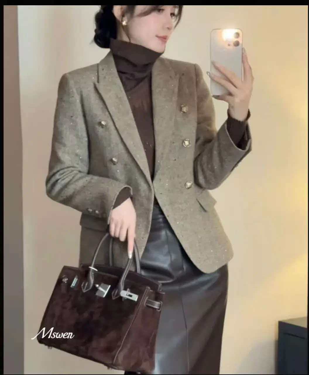 软风~秋季设计感羊毛双排扣戗驳领加羊毛棉西装外套女