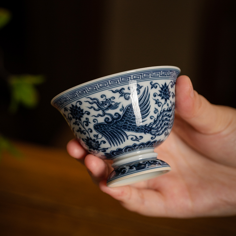【记石柴窑】精工仿明双凤高脚杯主人杯 景德镇纯手工手绘茶器茶具