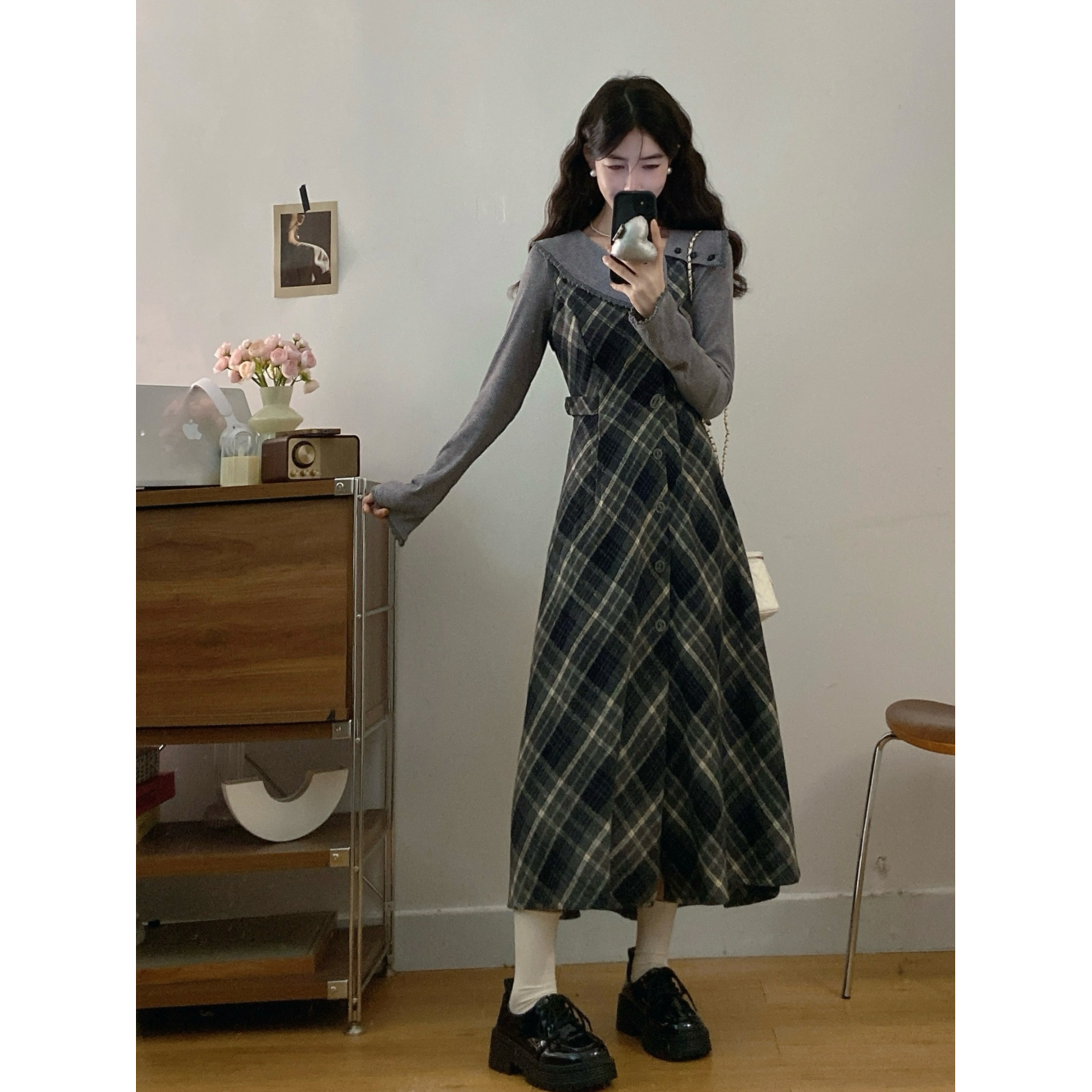 法式复古格子连衣裙女2025秋冬新款气质A字长裙针织打底衫两件套