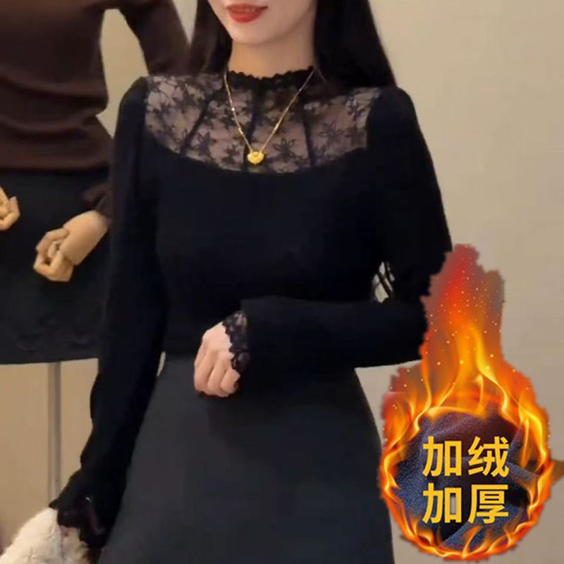 2025冬季保暖法式长袖秋冬上衣打底衫镂空半高领蕾丝拼接