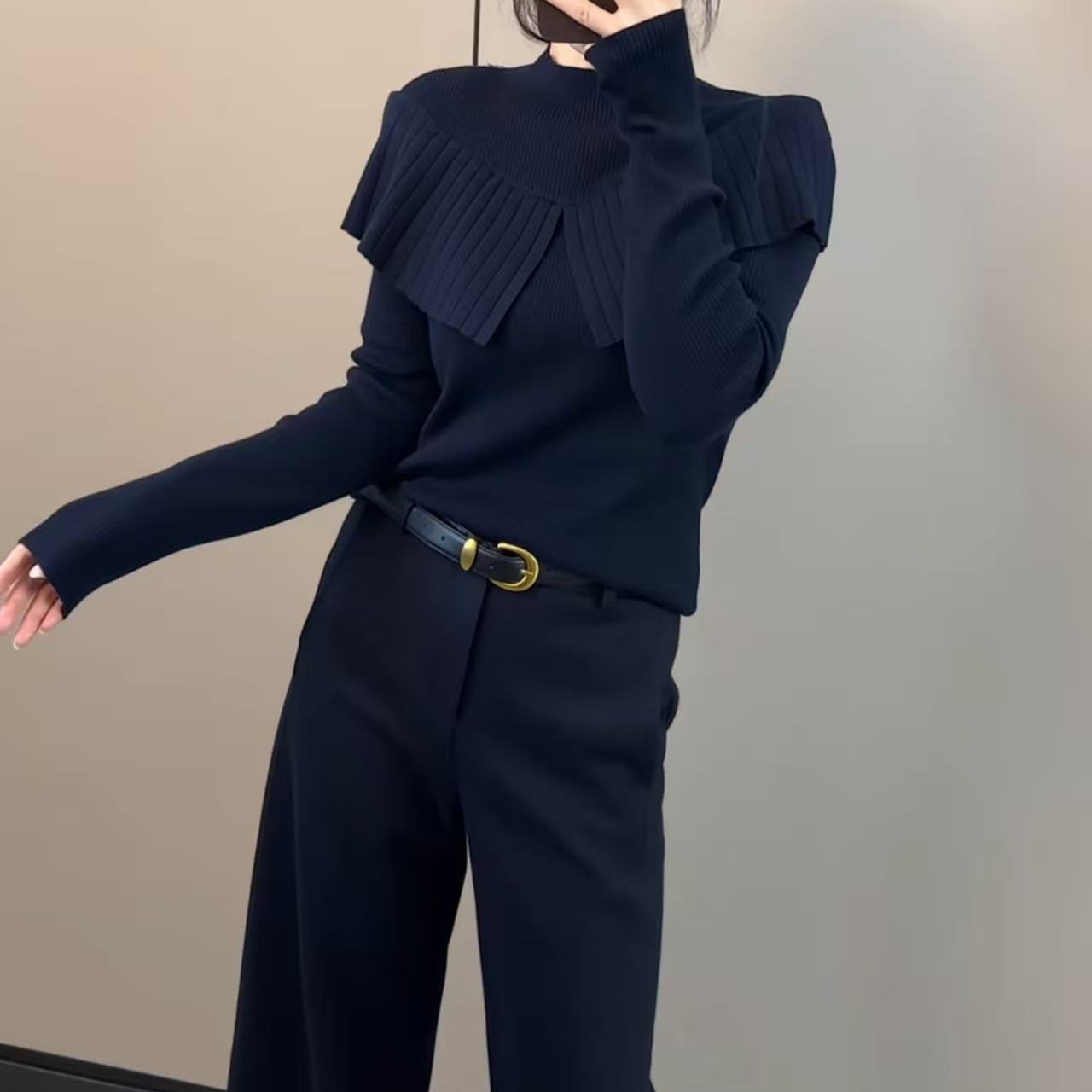 今年流行穿搭2025秋冬新款温柔风海军领拼接披肩毛针织衫长袖上衣