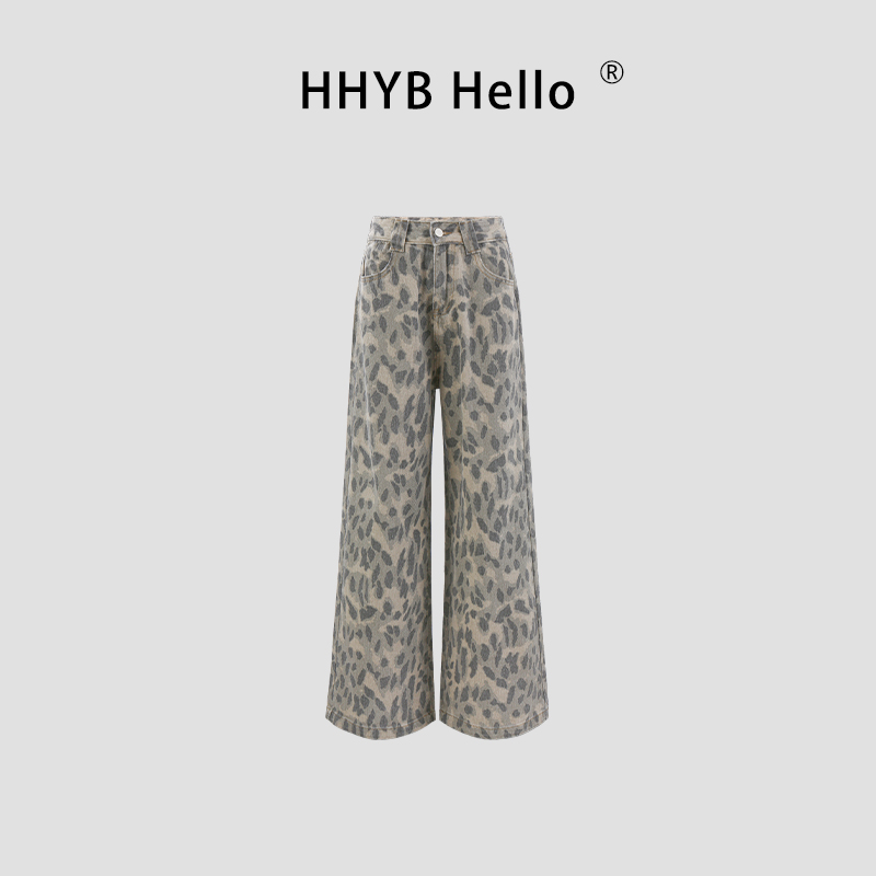 HHYB Hello美式复古豹纹阔腿百搭休闲裤子宽松直筒拖地裤Q254306