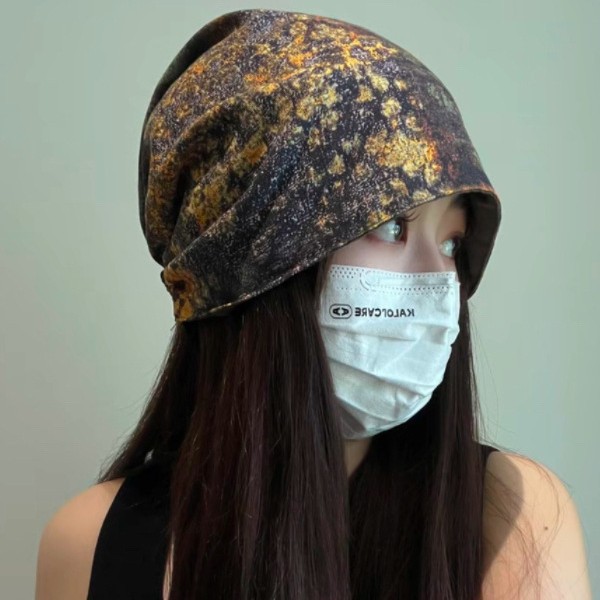 双面佩戴复古堆堆帽子女2025秋冬季扎染慵懒大头围包头帽子显脸小