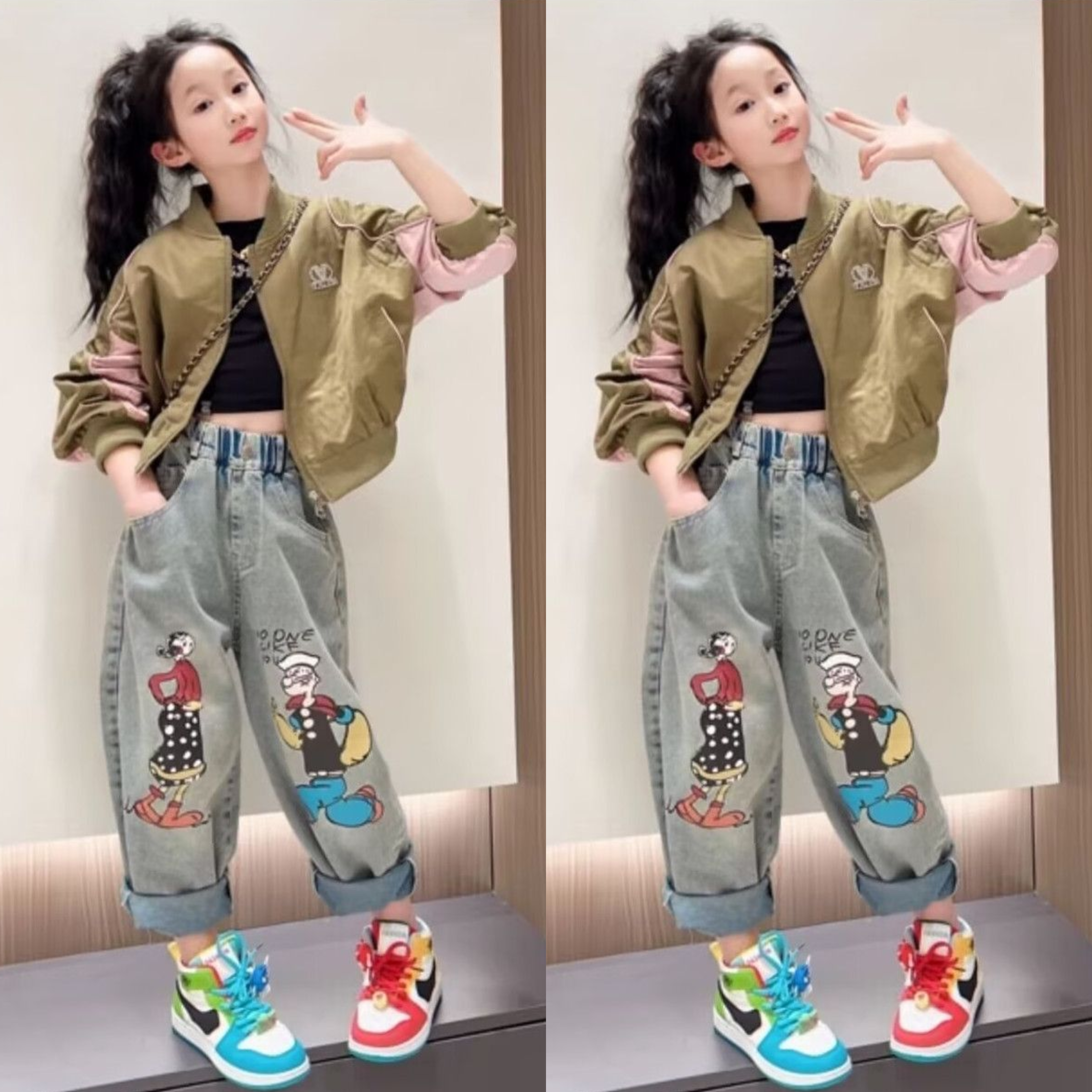 女童外套春秋2025新款中大童棒球服夹克女孩宽松时髦牛仔裤两件套