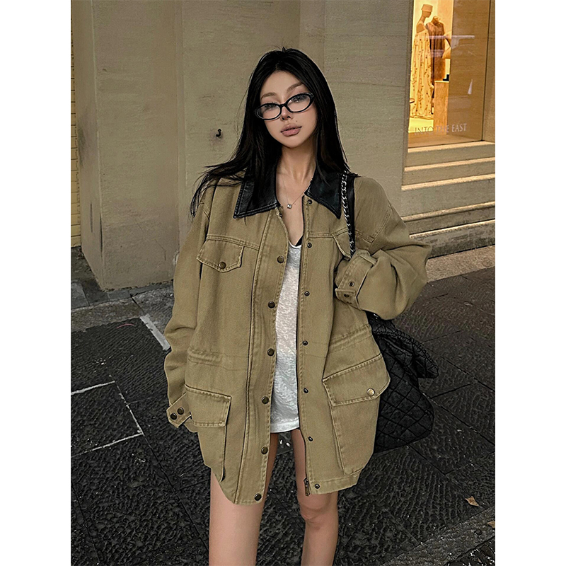 美式复古翻领工装夹克外套女秋季新款巴恩风宽松百搭工装开衫上衣