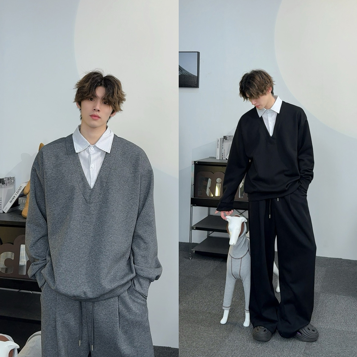 【双调旋律】秋季高智感男假两件拼接卫衣韩版套装潮流秋冬宽松百搭