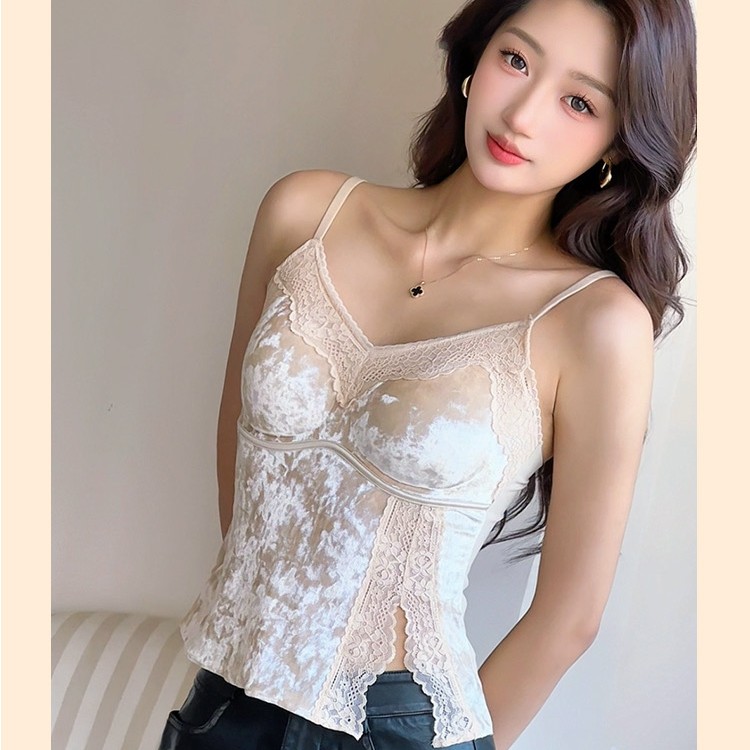 新款【金丝绒】蕾丝聚拢美背带胸垫小吊带背心薄款内衣女内搭打底