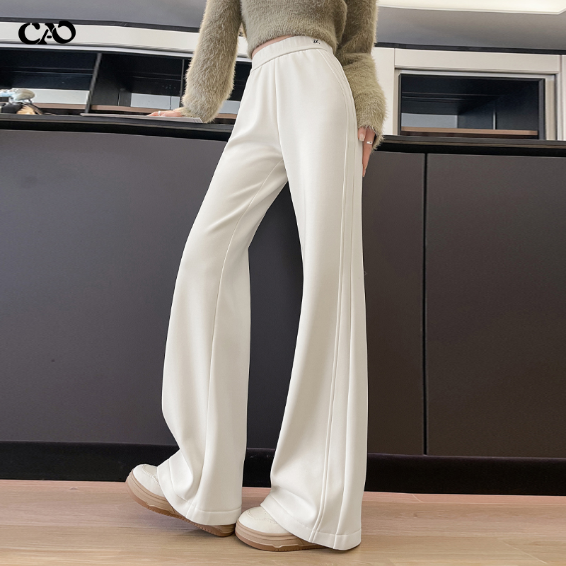 加绒微喇裤女米白色秋冬新款加绒加厚高腰宽松不贴腿休闲喇叭裤子