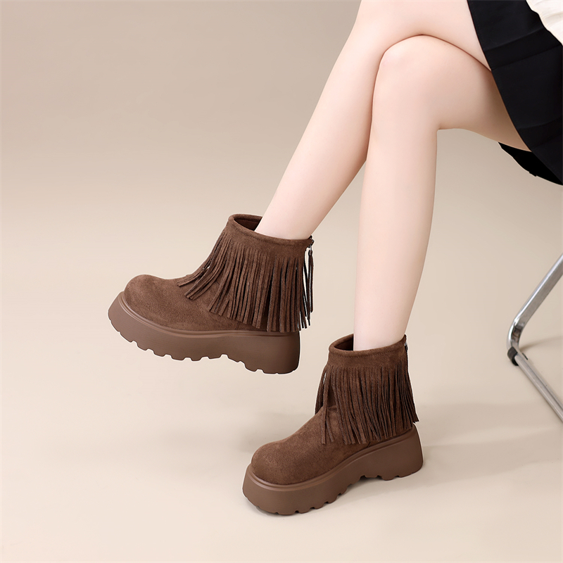 厚底流苏靴女2025新款秋季复古风软底马丁靴后拉链短靴轻便配裙子