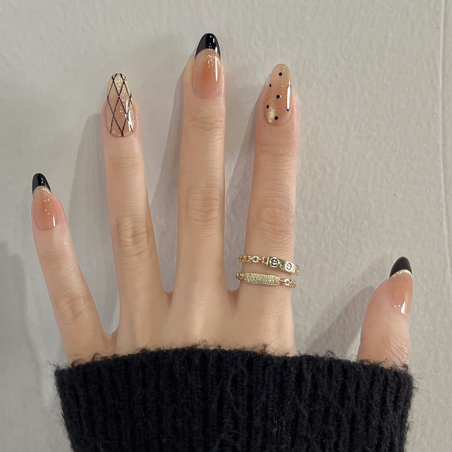 星光夜曲米哩米手工穿戴美甲中长款法式猫眼小众高级菱格纹设计感