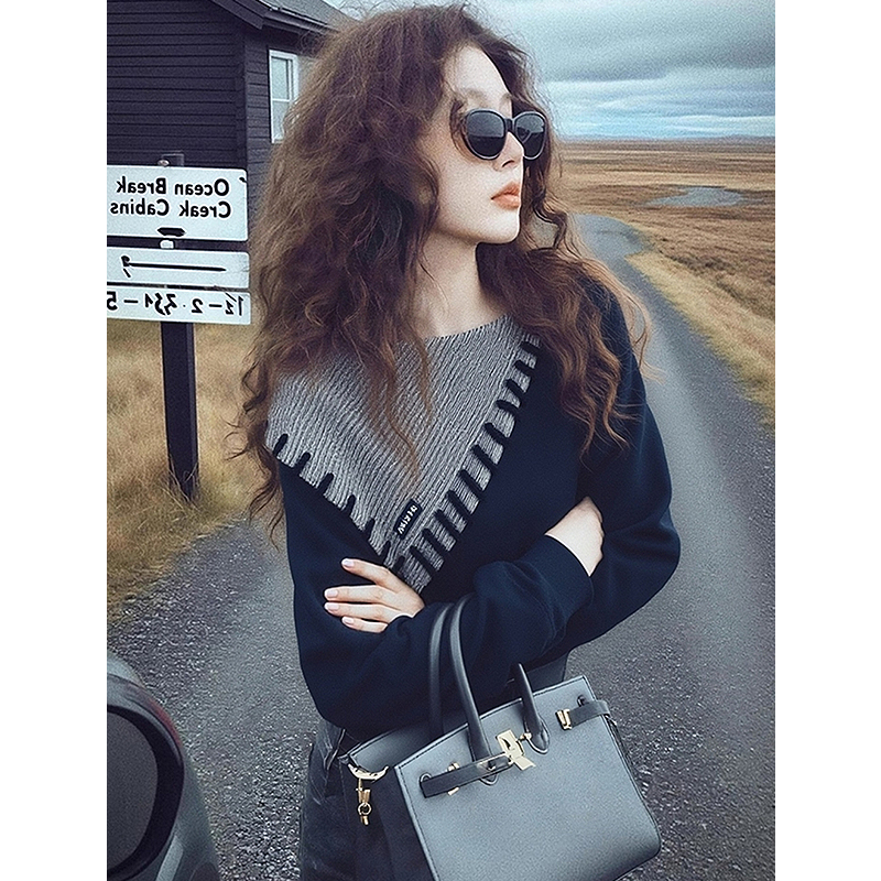 美式复古不规则修身长袖卫衣女设计感春季假两件拼接显瘦绝美上衣