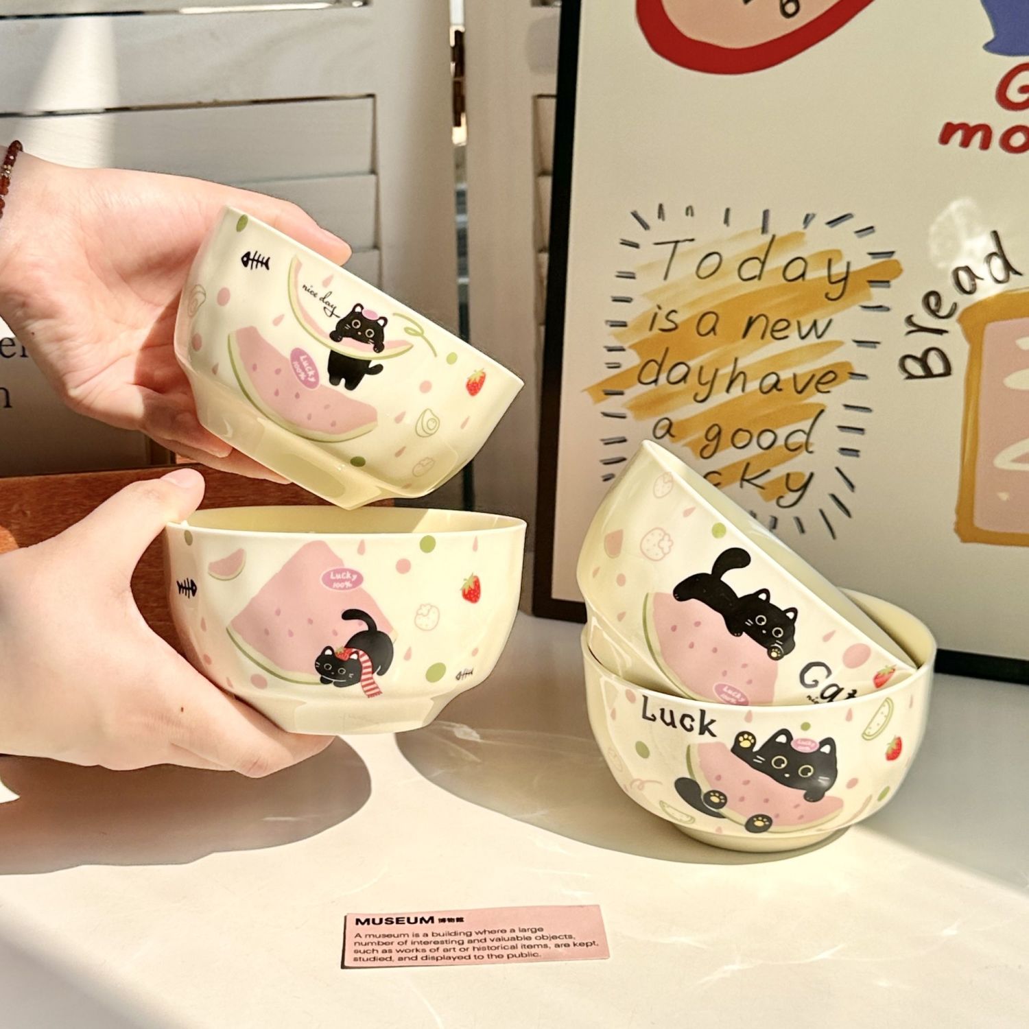 猫抱西瓜可爱奶油陶瓷饭碗餐具学生宿舍螺蛳粉碗家用米饭碗甜品碗