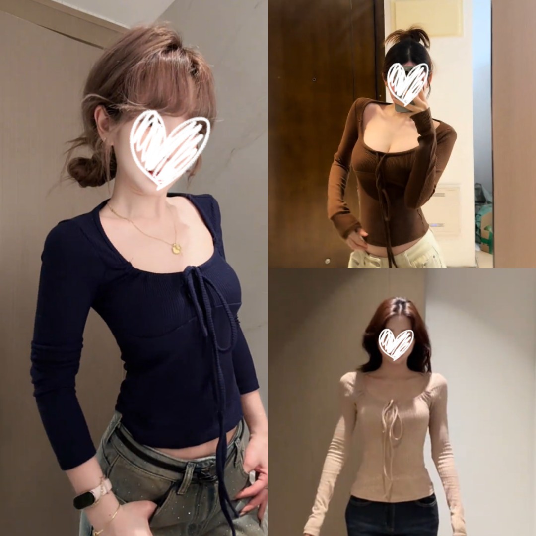 纯欲绑带长袖女秋季坑条方领显白修身遮肉打底衫百搭上衣2025新款