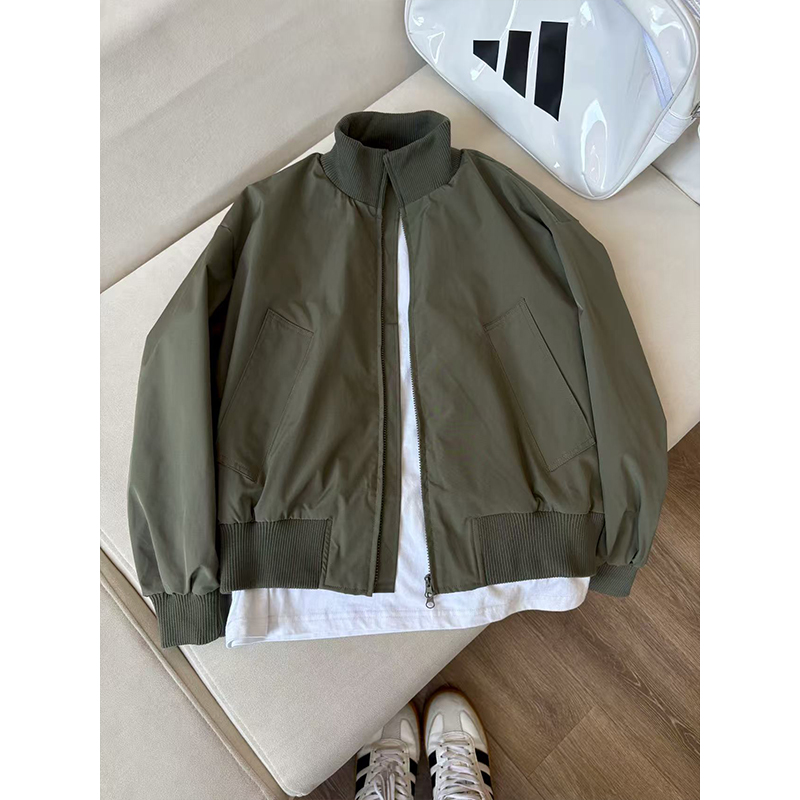 军绿色美式bomber飞行夹克外套男秋季cleanfit廓形短款高街棒球服