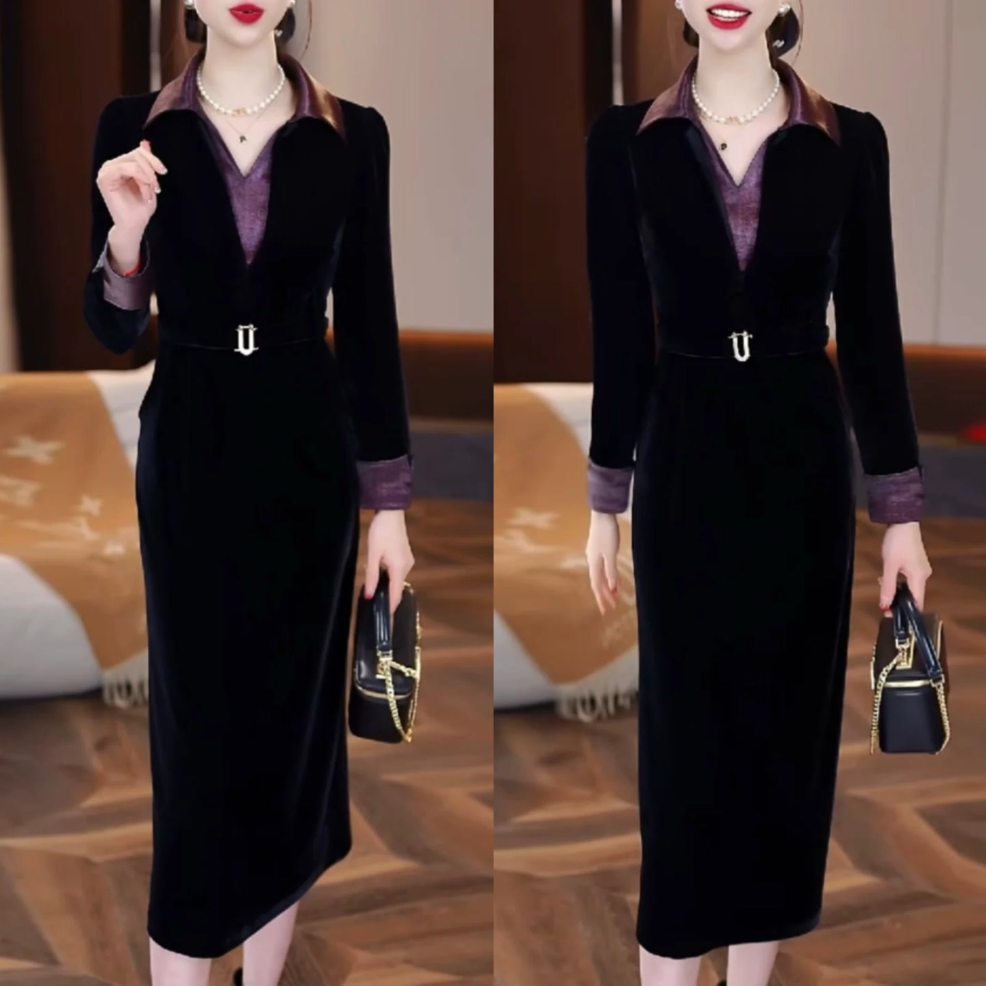 【衣雅严选】8083-1342#新款纳米金纺拼接桑丝缎翻领假两件连衣裙