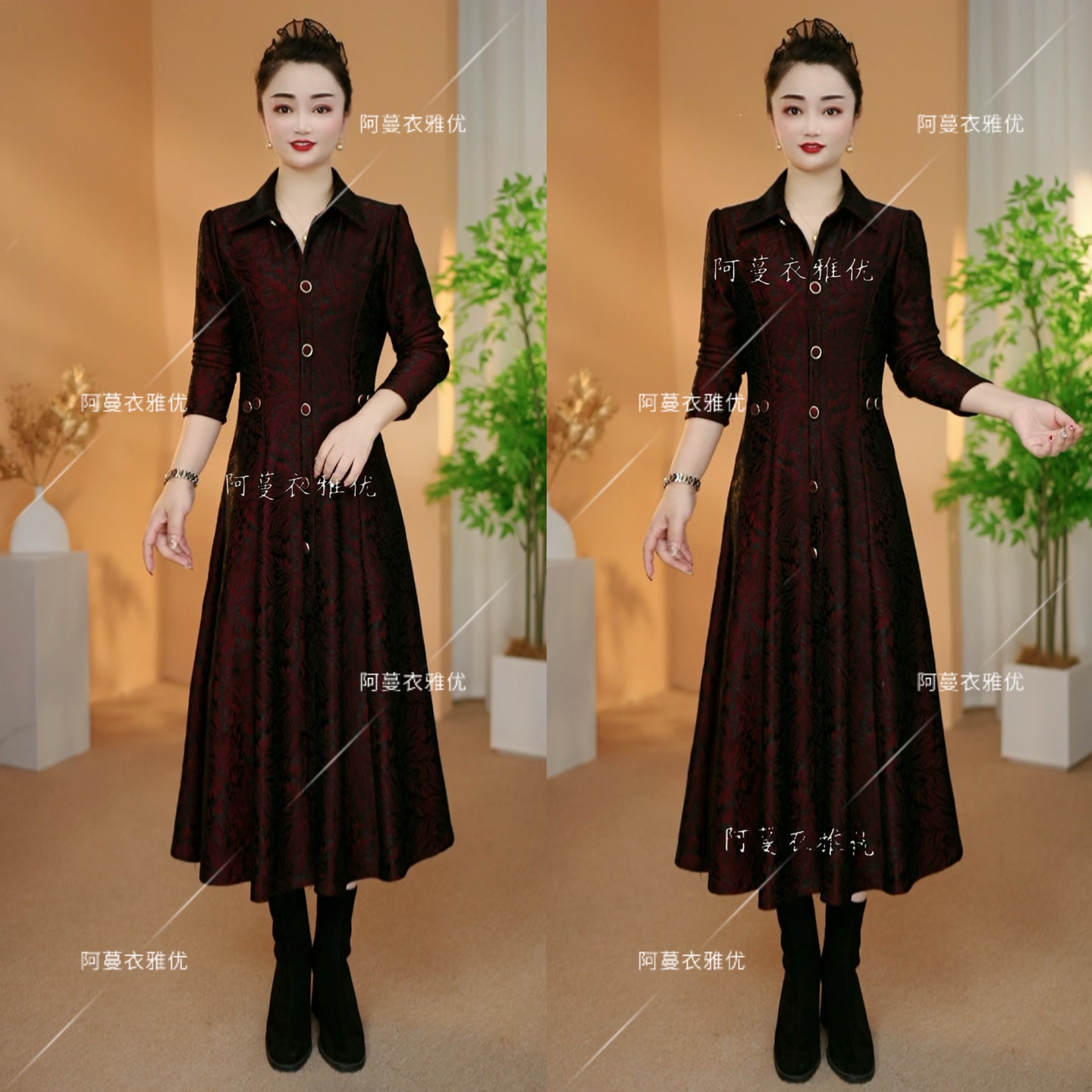 【衣雅严选】8124-2331#原版蕾丝复合时尚百搭加厚翻领长袖连衣裙