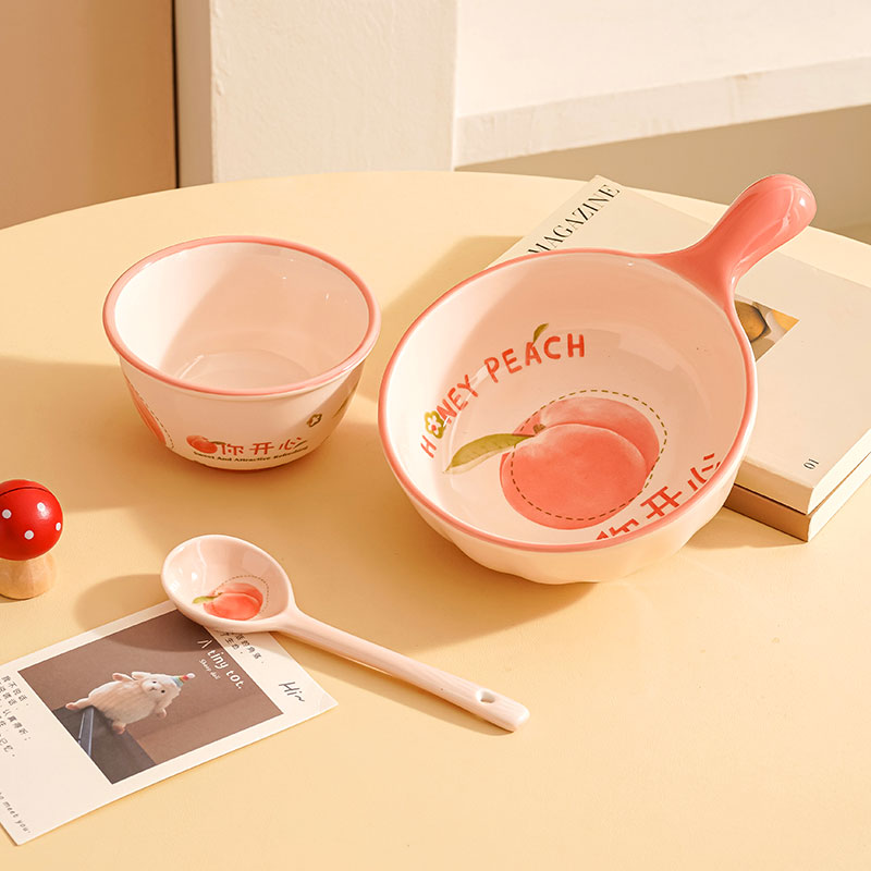 水果三件套手柄碗套装釉下彩少女心可爱餐具碗盘家用陶瓷碗一人食