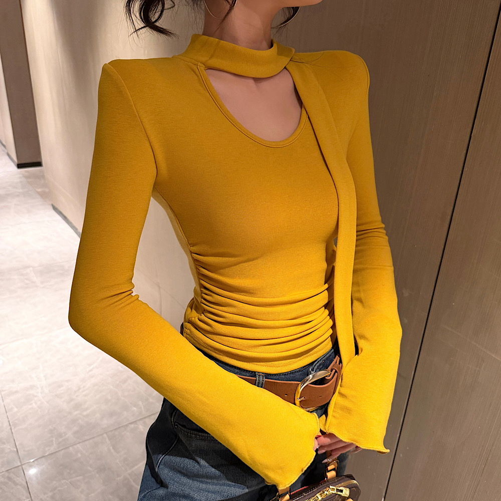 【钻石店铺优选】秋冬新款时尚百搭韩系设计感飘带喇叭袖加绒上衣女