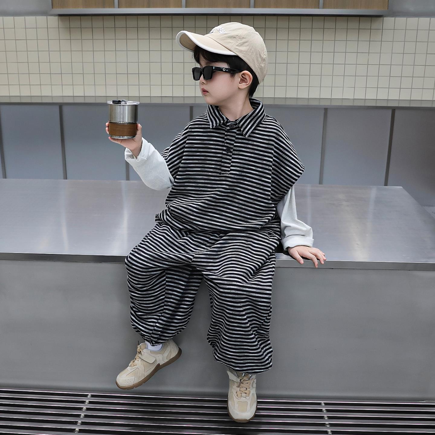 男童马甲三件套秋季韩系马夹儿童帅气卫衣套装2025新款宝宝运动装