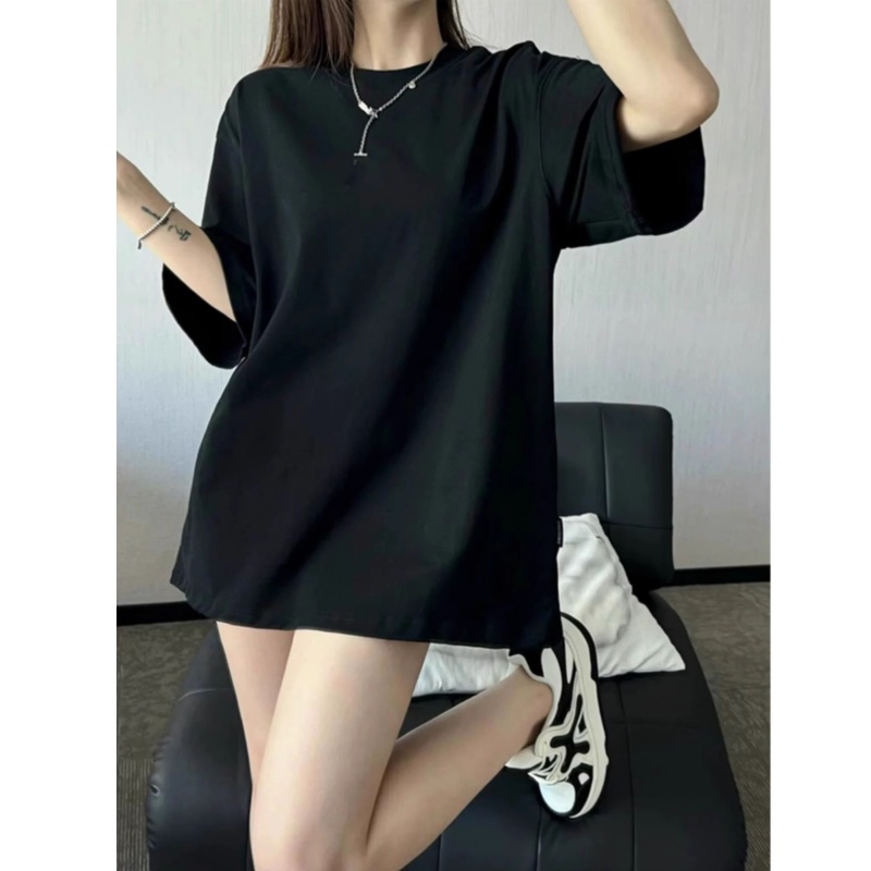 100%纯棉短袖T恤时尚女2025爆款圆领中长款宽松百搭显瘦黑色上衣