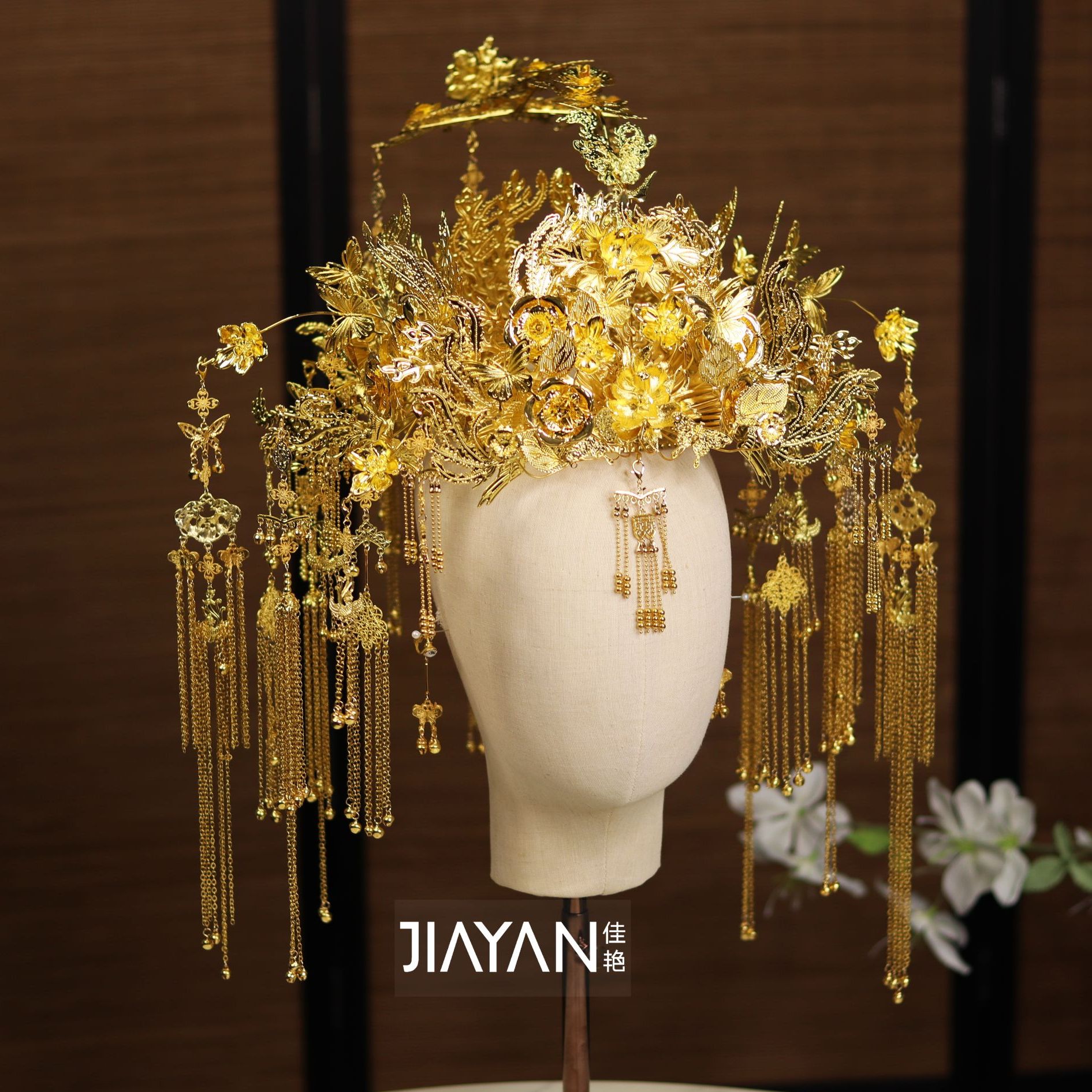 9020金色大凤冠传统中式婚礼头饰长流苏发冠整圈冠汉服龙凤褂