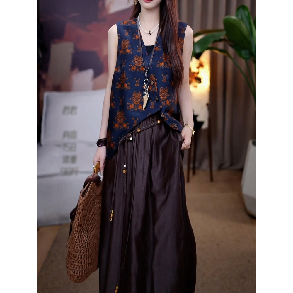 中式休闲风时尚套装2025夏季新款轻奢复古印花V领无袖上衣+半身裙