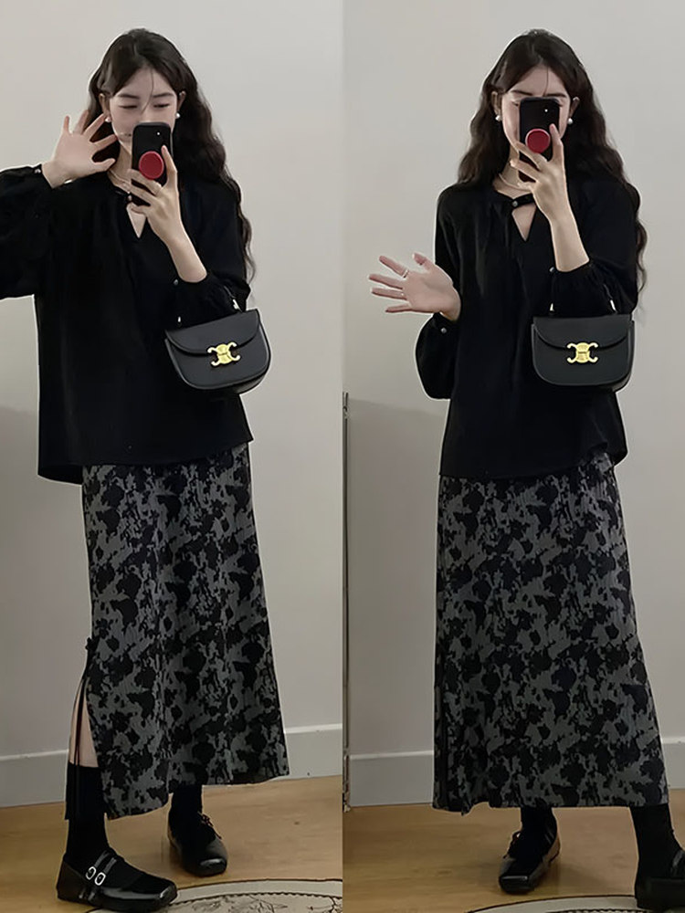 大码新中式套装镂空黑色上衣半裙两件套女胖mm早秋显瘦穿搭一整套