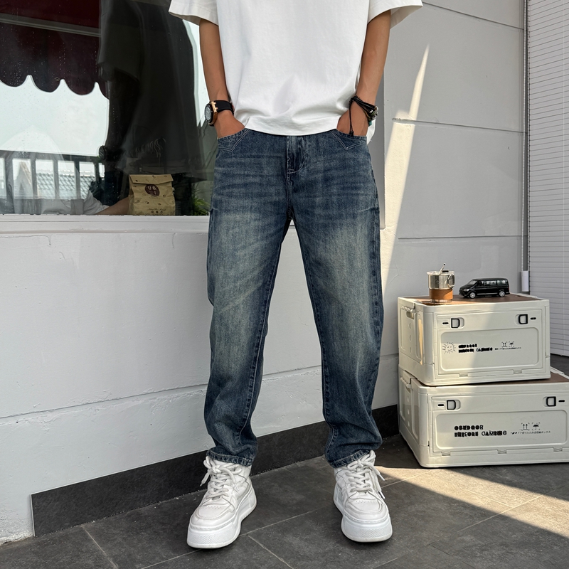秋季美式休闲痞帅裤子复古做旧牛仔裤男直筒裤宽松高街百搭锥形裤