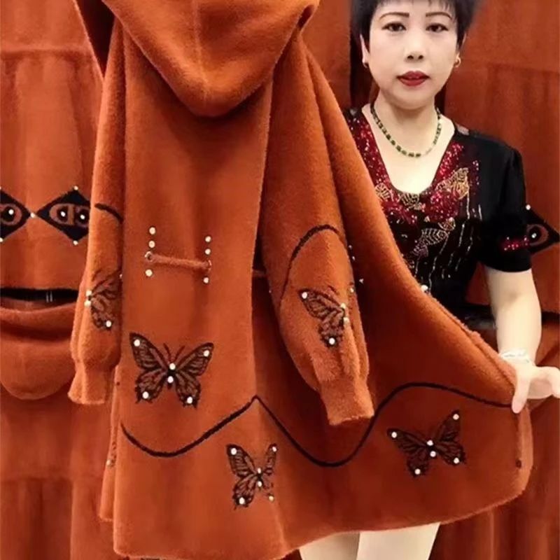 冬季新品秋冬季中老年仿水貂绒外套女胖妈妈百搭长款加绒加厚连帽