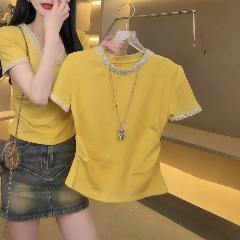 多巴胺风格衣服纯欲风轻奢小众烫钻圆领短袖上衣修身显瘦T恤小衫