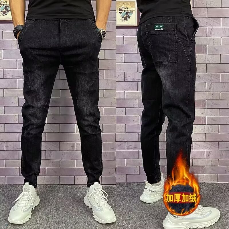 潮牌加绒加厚修身小脚牛仔裤男士2025新款秋冬季痞帅休闲弹力长裤