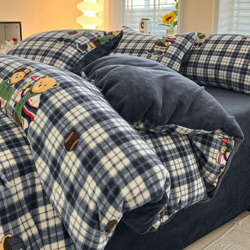 卡通英伦熊牛奶绒被套单件珊瑚绒加厚单人冬季保暖床上法兰绒被罩