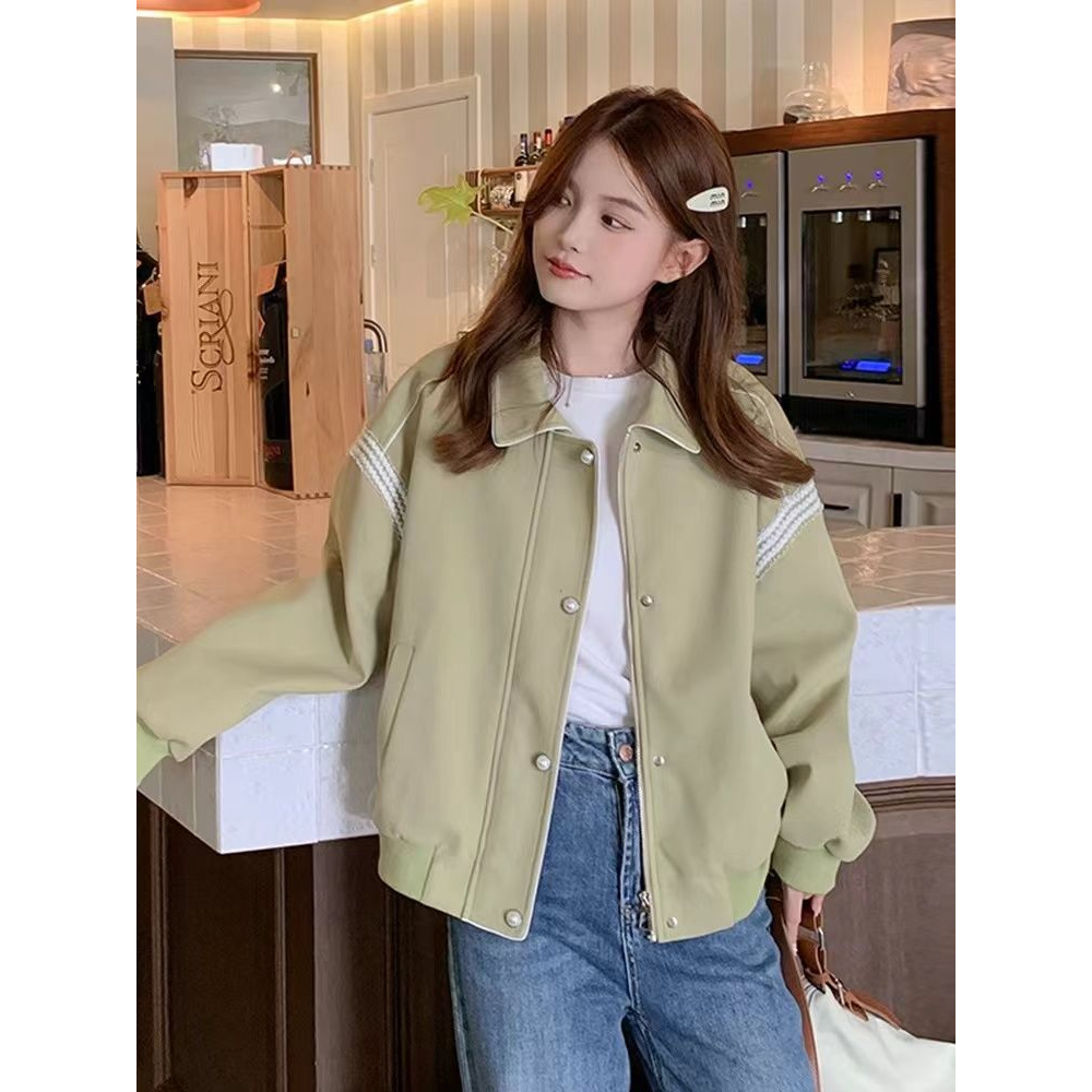 绿色短款外套女春秋2025新款爆款韩系休闲小个子薄款夹克早秋上衣