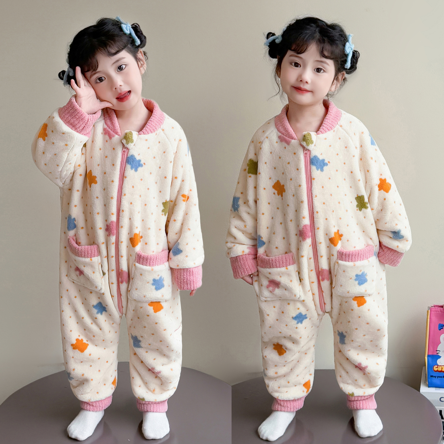 女童珊瑚绒儿童双层加厚连体睡衣冬款睡袋女宝宝法兰绒爬服家居服