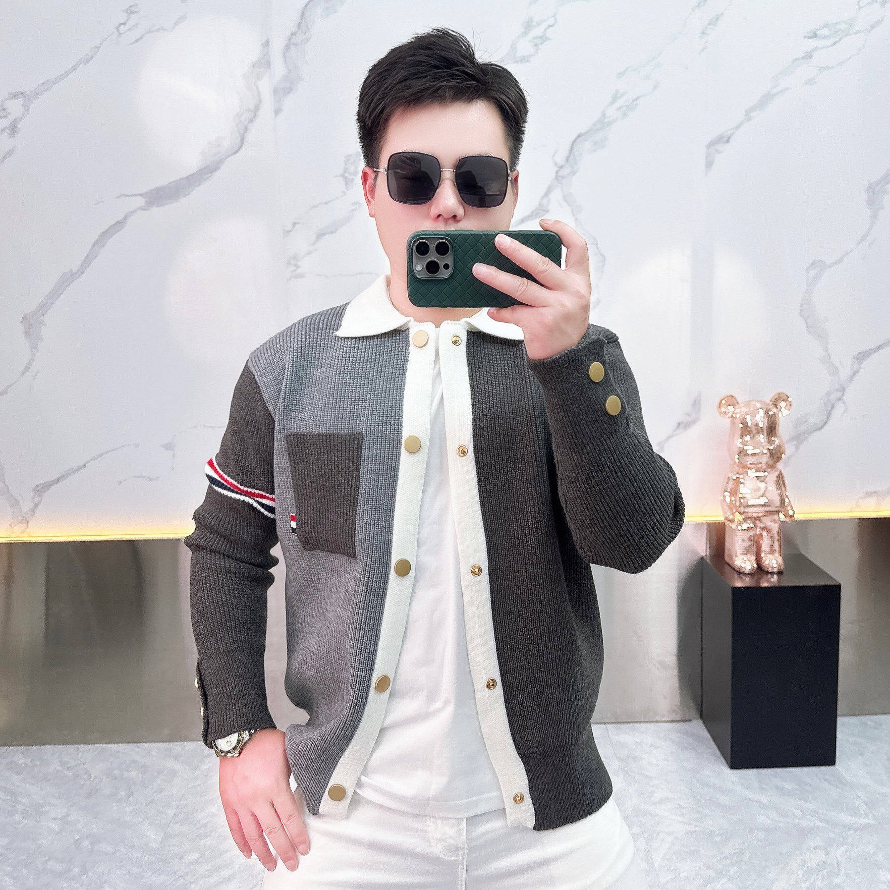 2025春秋男士潮牌百搭针织衫翻领拼色针织拼接开衫轻奢春秋毛衣