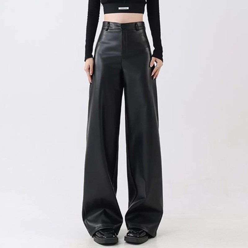 2025胖mm秋季黑色阔腿裤子女直筒显瘦皮裤美式复古高腰休闲长裤潮