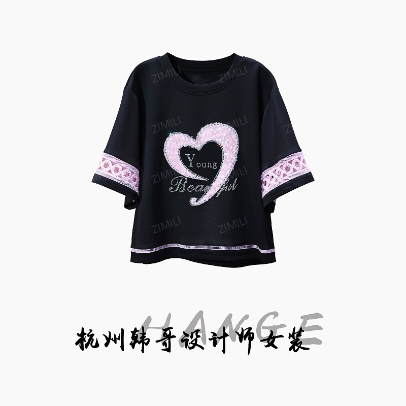 【韩哥女装】2025欧货设计师午夜黑重工珠片绣字母烫钻短袖8252-C5