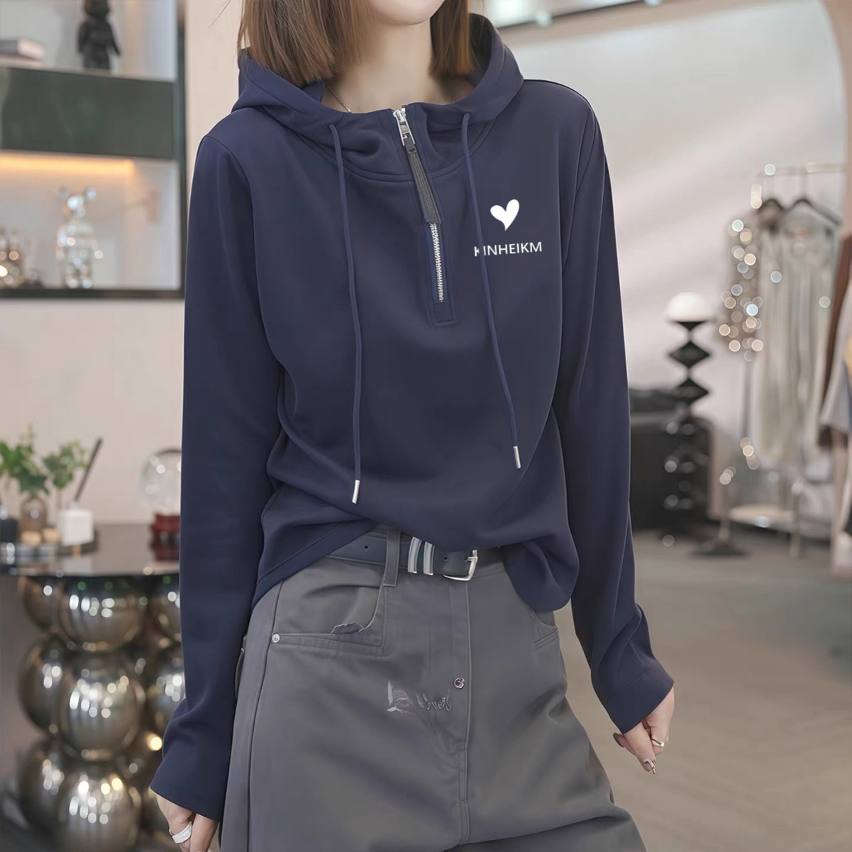 半拉链连帽卫衣女春秋薄款宽松休闲套头长袖帽衫韩系气质上衣ins