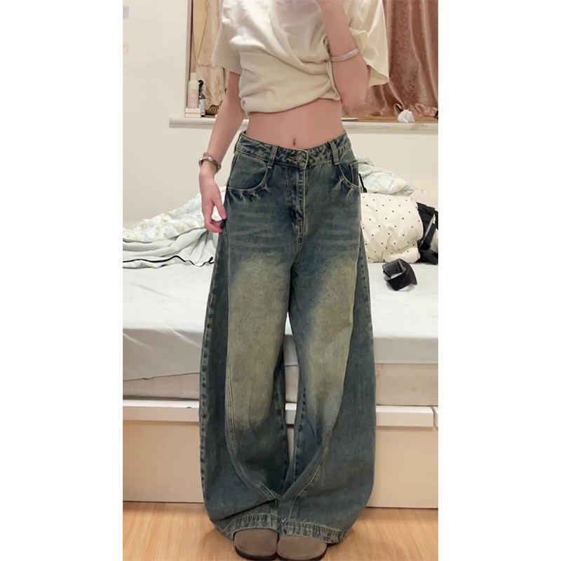 高个子美式复古街头垂感牛仔裤女秋季新款高腰宽松显瘦弯刀阔腿裤