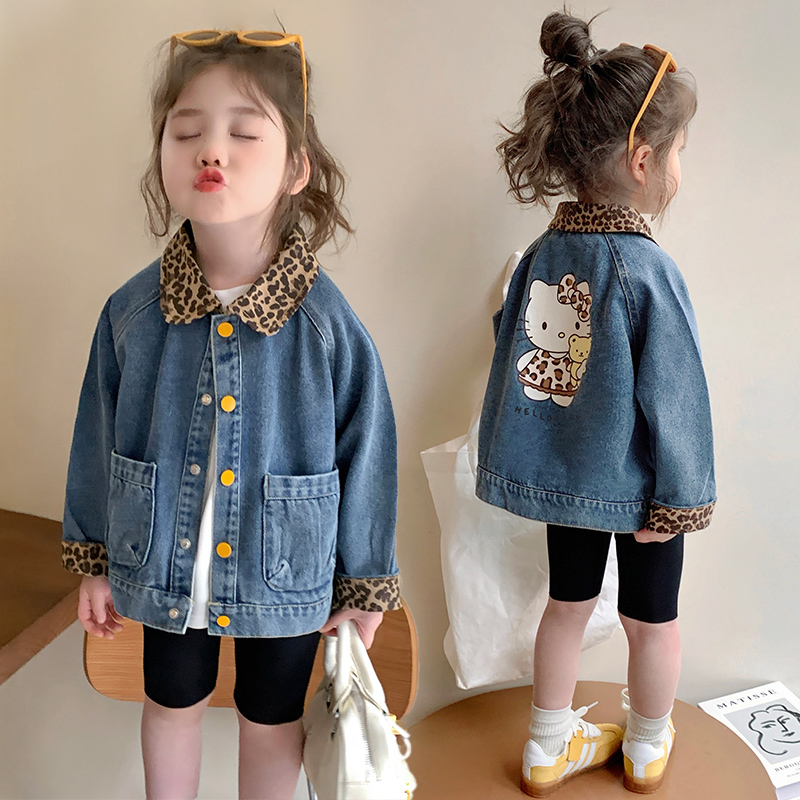 女童牛仔外套春装洋气豹纹儿童上衣小女孩宝宝开衫春秋装2025新款