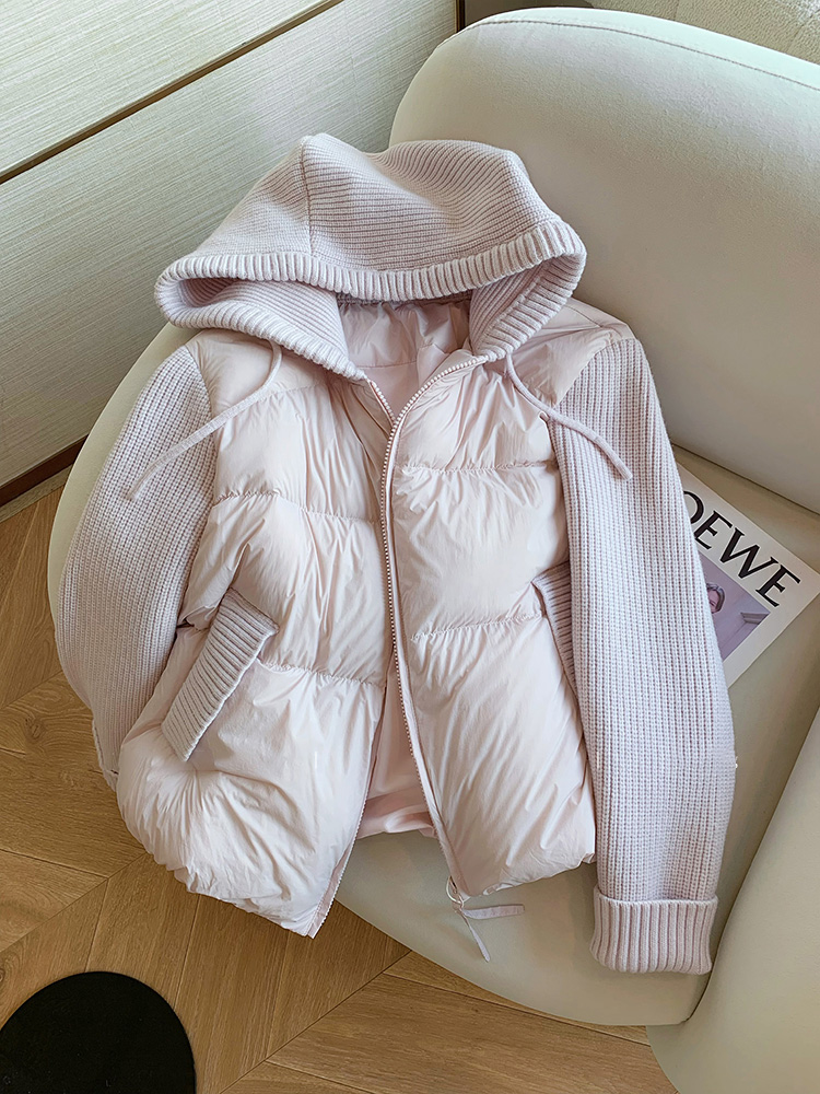 2025年冬季粉色拼接针织连帽棉服高级感洋气宽松加厚外套女装棉衣