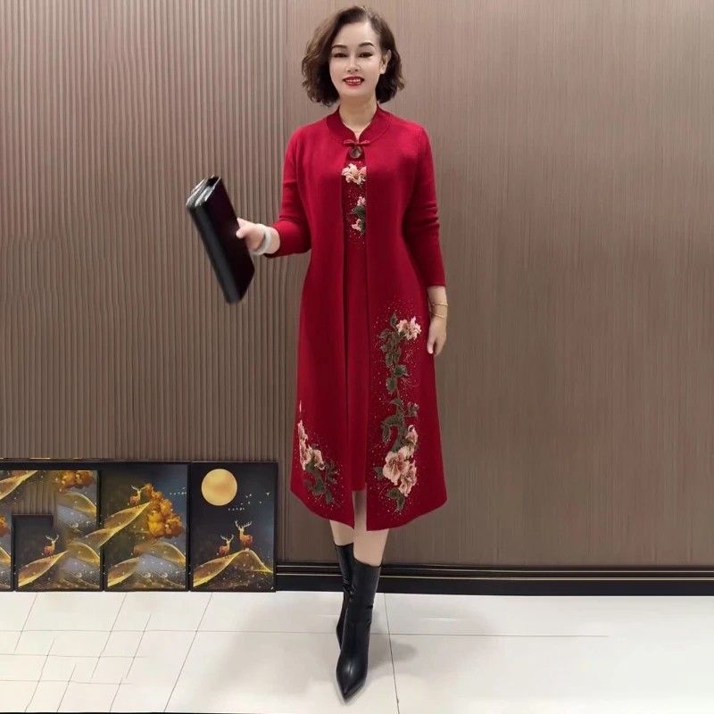 重工刺绣针织连衣裙新中式国风假两件时尚气质大码婚宴妈妈结婚裙