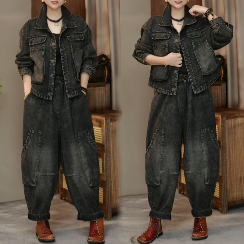 秋款时尚原创个性牛仔大口袋套装重工水洗复古外套老爹裤两件套女