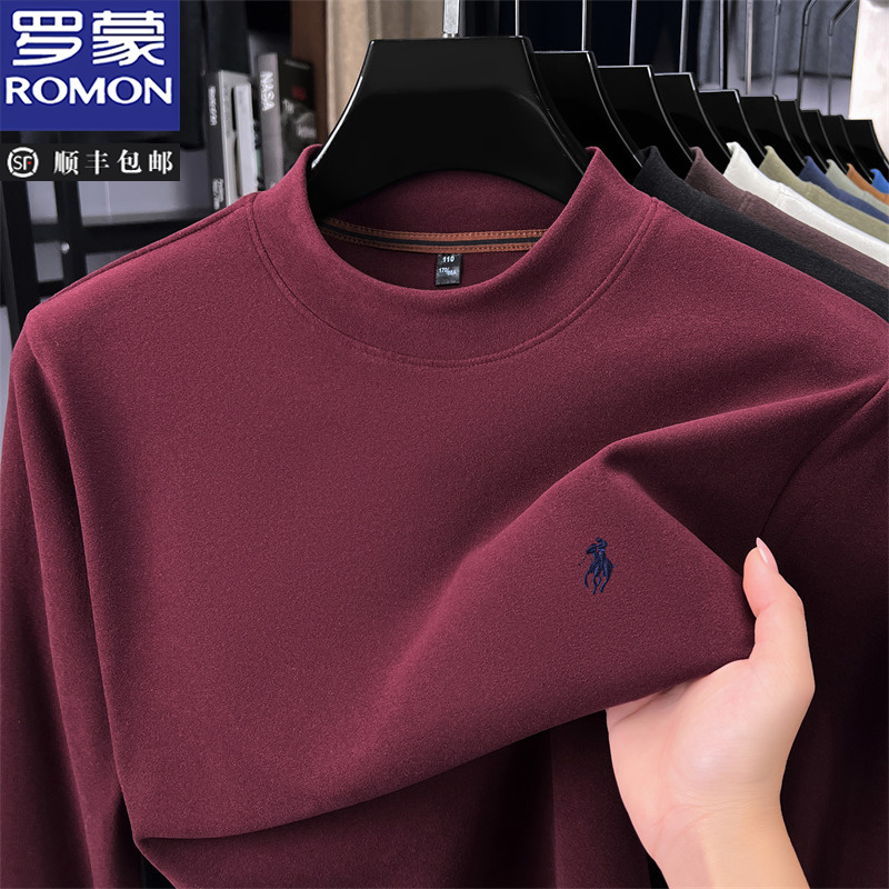 罗蒙双面德绒加厚保暖磨毛长袖t恤男秋冬季半高领刺绣打底衫卫衣