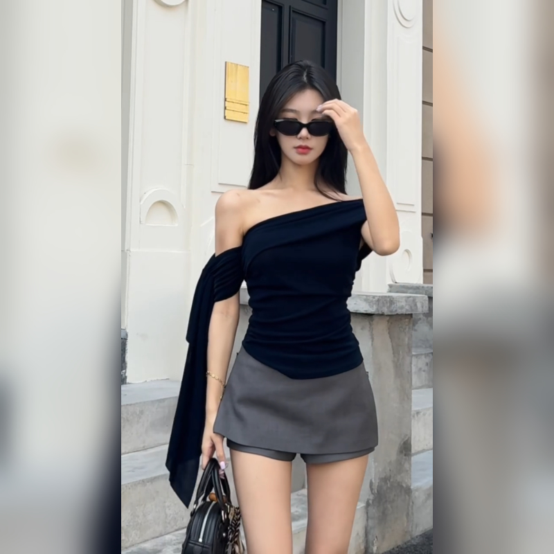 不规则斜领露肩短袖T恤女夏季新款修身显瘦纯欲辣妹修身显瘦上衣