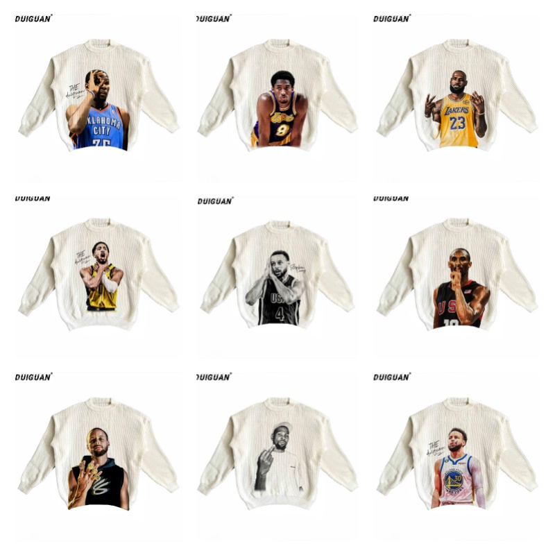 秋冬圆领针织衫篮球球星美式数码直喷印花815g潮男情侣保暖毛衣